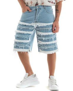 Bermuda Pantaloncini Uomo Jeans Ripped Cinque Tasche Toppe Sfrangiato Denim GIOSAL-PC1940A