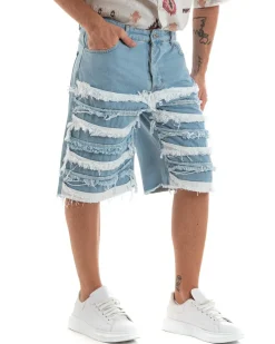 Bermuda Pantaloncini Uomo Jeans Ripped Cinque Tasche Toppe Sfrangiato Denim GIOSAL-PC1940A