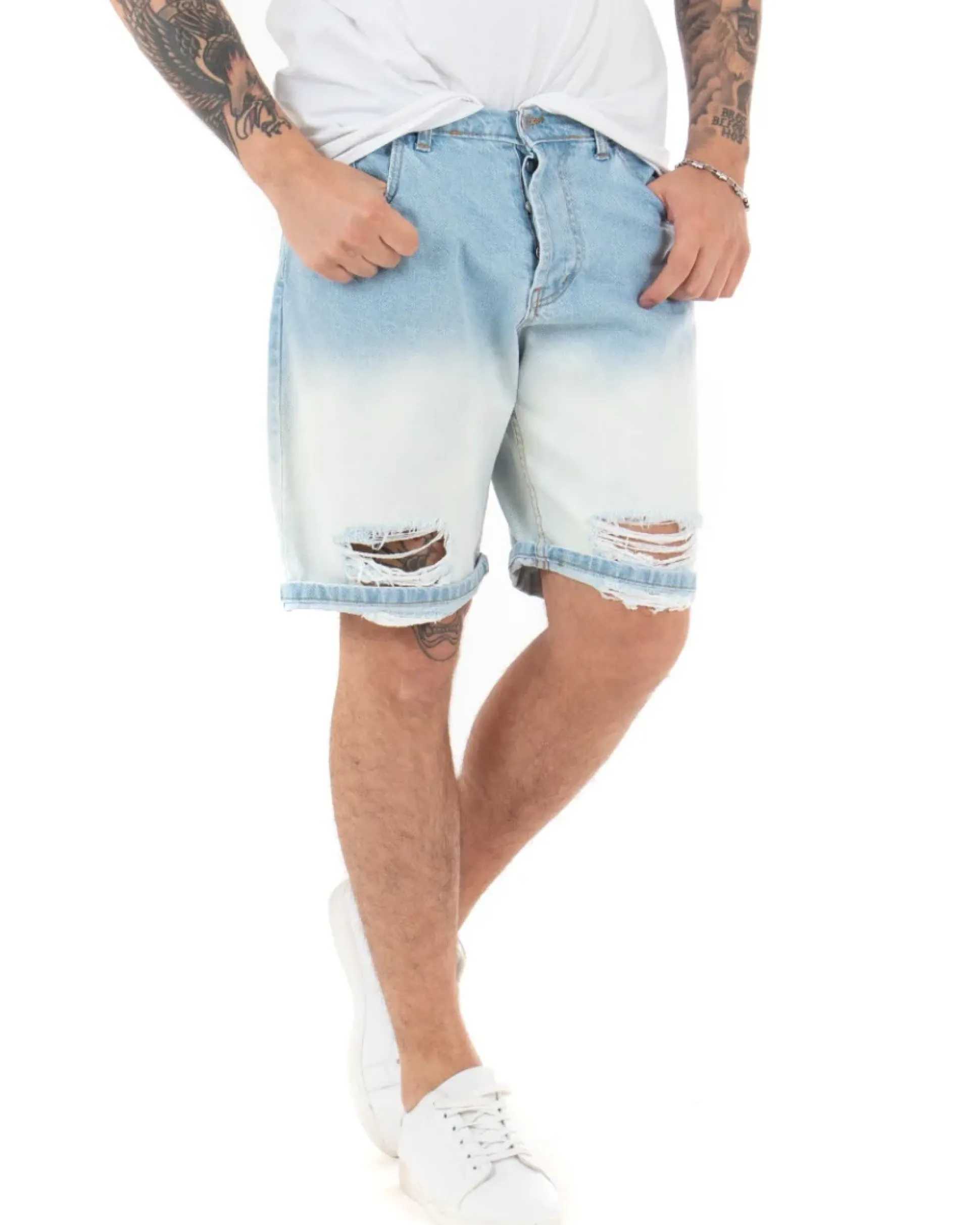 Bermuda Pantaloncini Uomo Jeans StoneWashed Con Rotture Casual Denim Bicolore GIOSAL-PC1852A