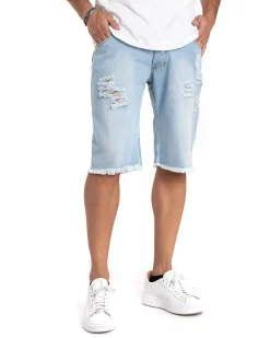Bermuda Pantaloncini Uomo Jeans Cinque Tasche Con Rotture Sfrangiato Denim Lavaggio Chiaro GIOSAL-PC1853A