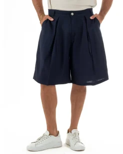 Bermuda pantaloncini uomo lino baggy fit pinces blu GIOSAL-PC2058A