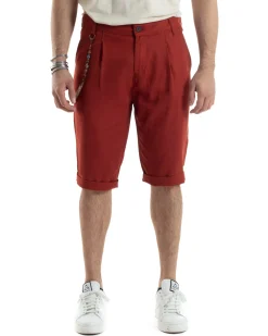 Bermuda Pantaloncini Uomo Lino Tasche America Sartoriale Casual Mattone GIOSAL-PC1957A