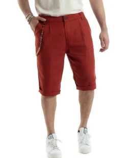 Bermuda Pantaloncini Uomo Lino Tasche America Sartoriale Casual Mattone GIOSAL-PC1957A