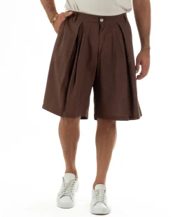 Bermuda pantaloncini uomo lino baggy fit pinces marrone GIOSAL-PC2059A