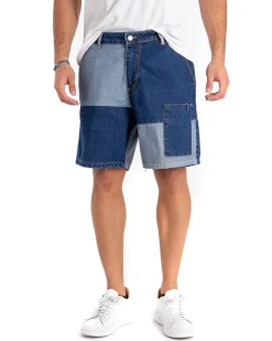 Bermuda Pantaloncino Uomo Corto Jeans Toppe Denim Chiaro Scuro GIOSAL-PC1862A