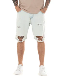 Bermuda Pantaloncino Uomo Denim Chiaro Sabbiato Rotture Cinque Tasche GIOSAL-PC1697A