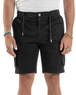 Bermuda Uomo Cargo Cotone Pantaloni Laccio Nero PC1988A