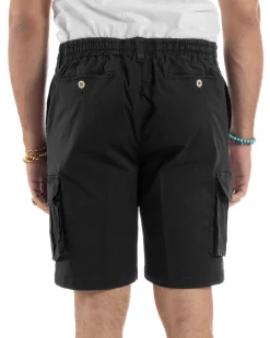 Bermuda Uomo Cargo Cotone Pantaloni Laccio Nero PC1988A