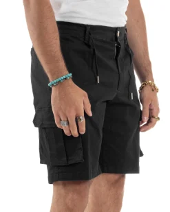 Bermuda Uomo Cargo Cotone Pantaloni Laccio Nero PC1988A