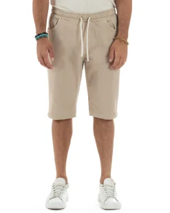 Bermuda uomo cotone pantaloncini coulisse jeans basic beige GIOSAL-PC2010A