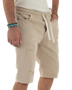 Bermuda uomo cotone pantaloncini coulisse rotture jeans beige GIOSAL-PC2000A