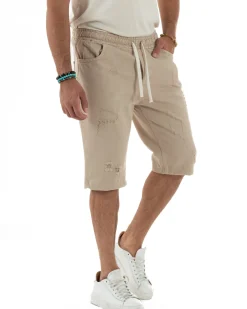 Bermuda uomo cotone pantaloncini coulisse rotture jeans beige GIOSAL-PC2000A
