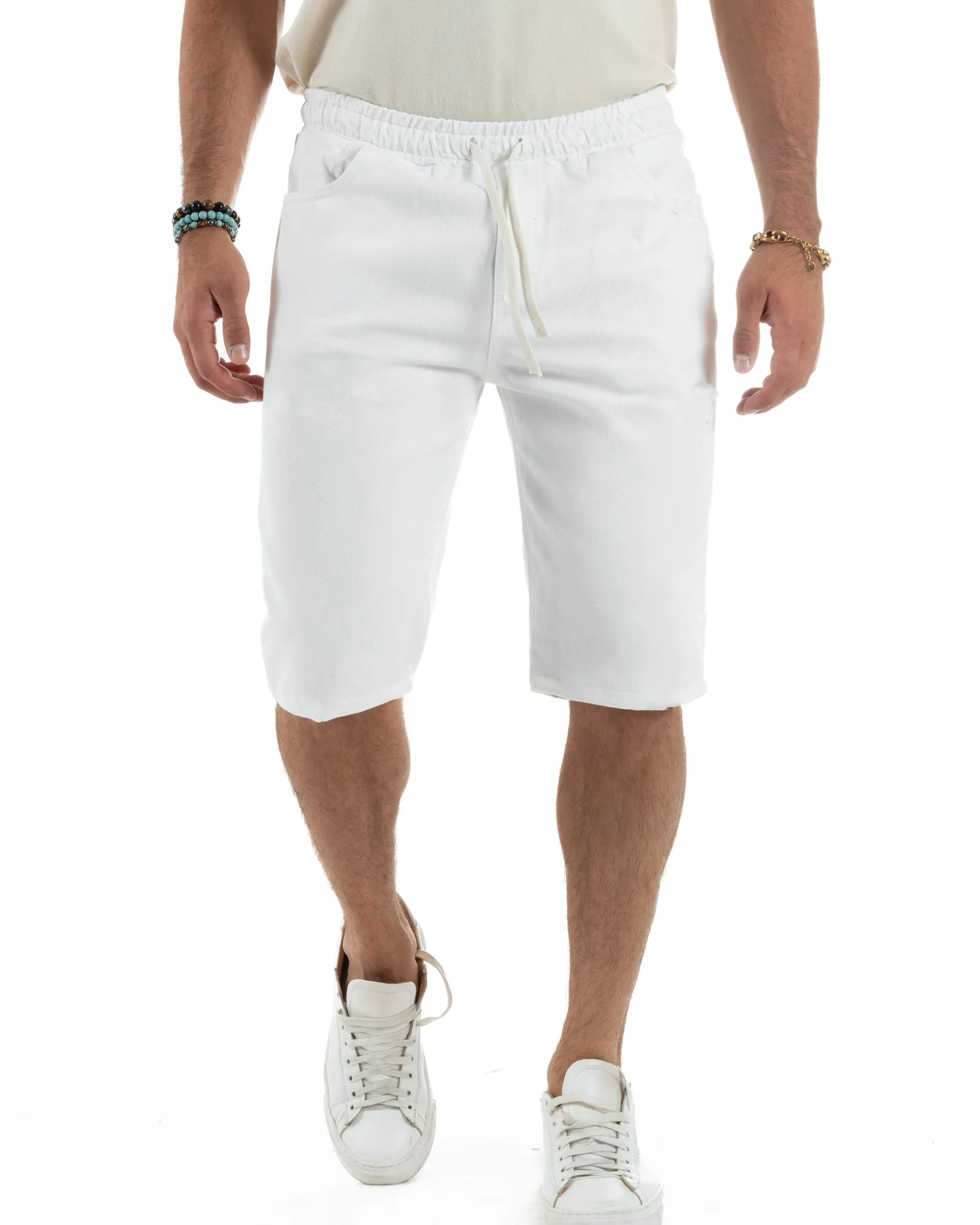 Bermuda uomo cotone pantaloncini coulisse jeans basic bianco GIOSAL-PC2012A