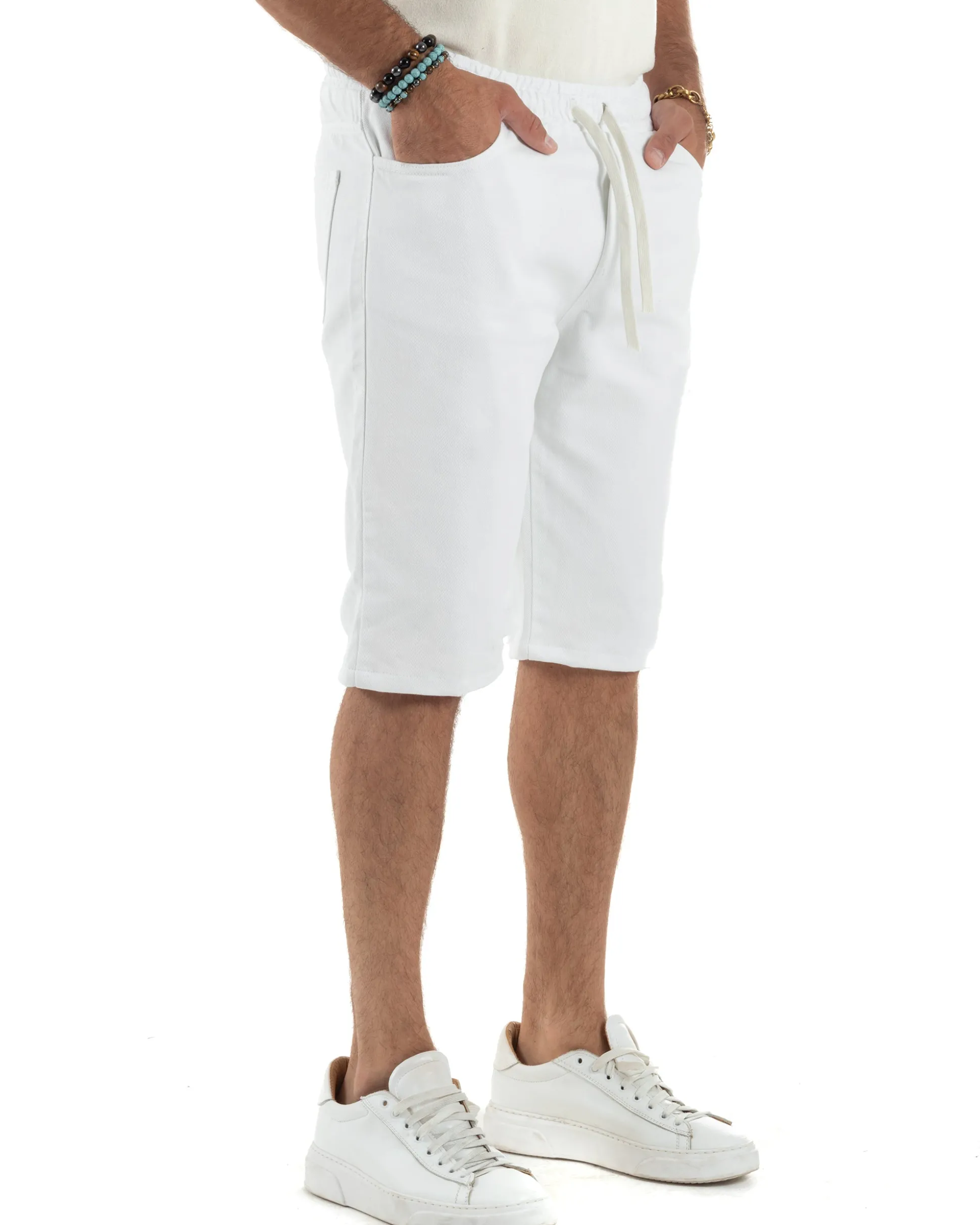 Bermuda uomo cotone pantaloncini coulisse jeans basic bianco GIOSAL-PC2012A