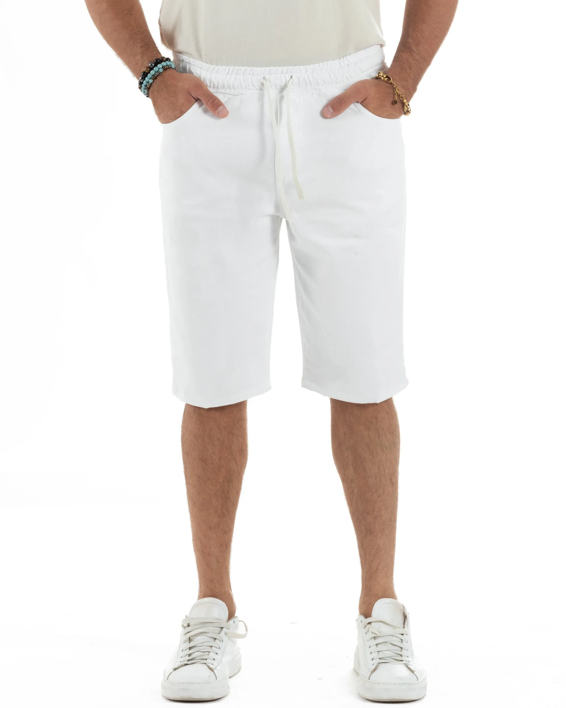 Bermuda uomo cotone pantaloncini coulisse jeans basic bianco GIOSAL-PC2012A