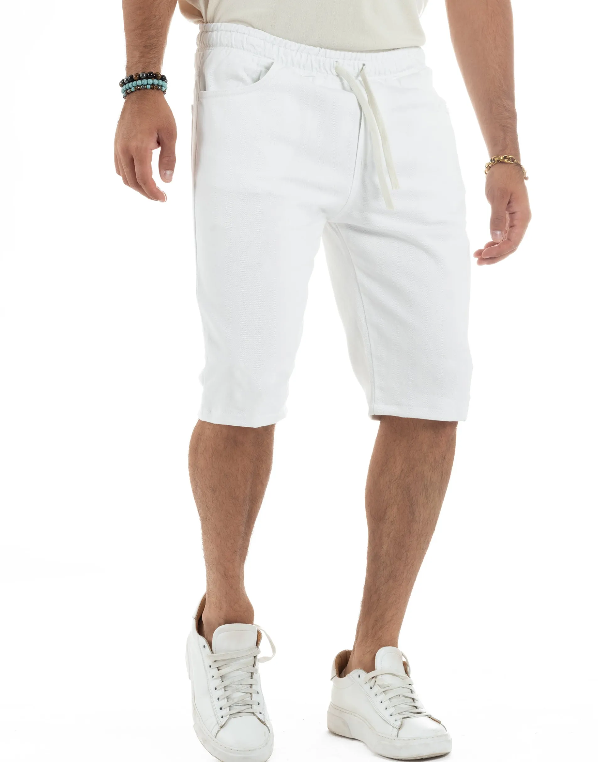 Bermuda uomo cotone pantaloncini coulisse jeans basic bianco GIOSAL-PC2012A
