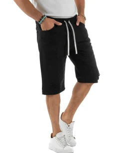 Bermuda uomo cotone pantaloncini coulisse rotture jeans nero GIOSAL-PC1999A