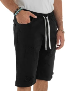 Bermuda uomo cotone pantaloncini coulisse rotture jeans nero GIOSAL-PC1999A