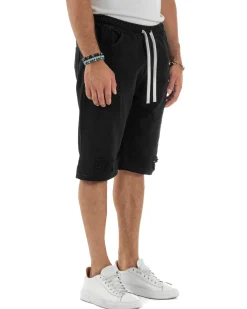 Bermuda uomo cotone pantaloncini coulisse rotture jeans nero GIOSAL-PC1999A