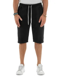 Bermuda uomo cotone pantaloncini coulisse rotture jeans nero GIOSAL-PC1999A