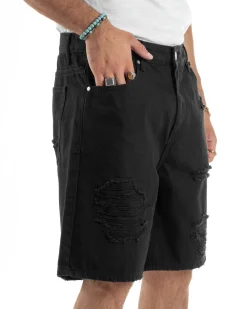 Bermuda Uomo Cotone Pantaloni Jeans Rotture Nero PC1991A