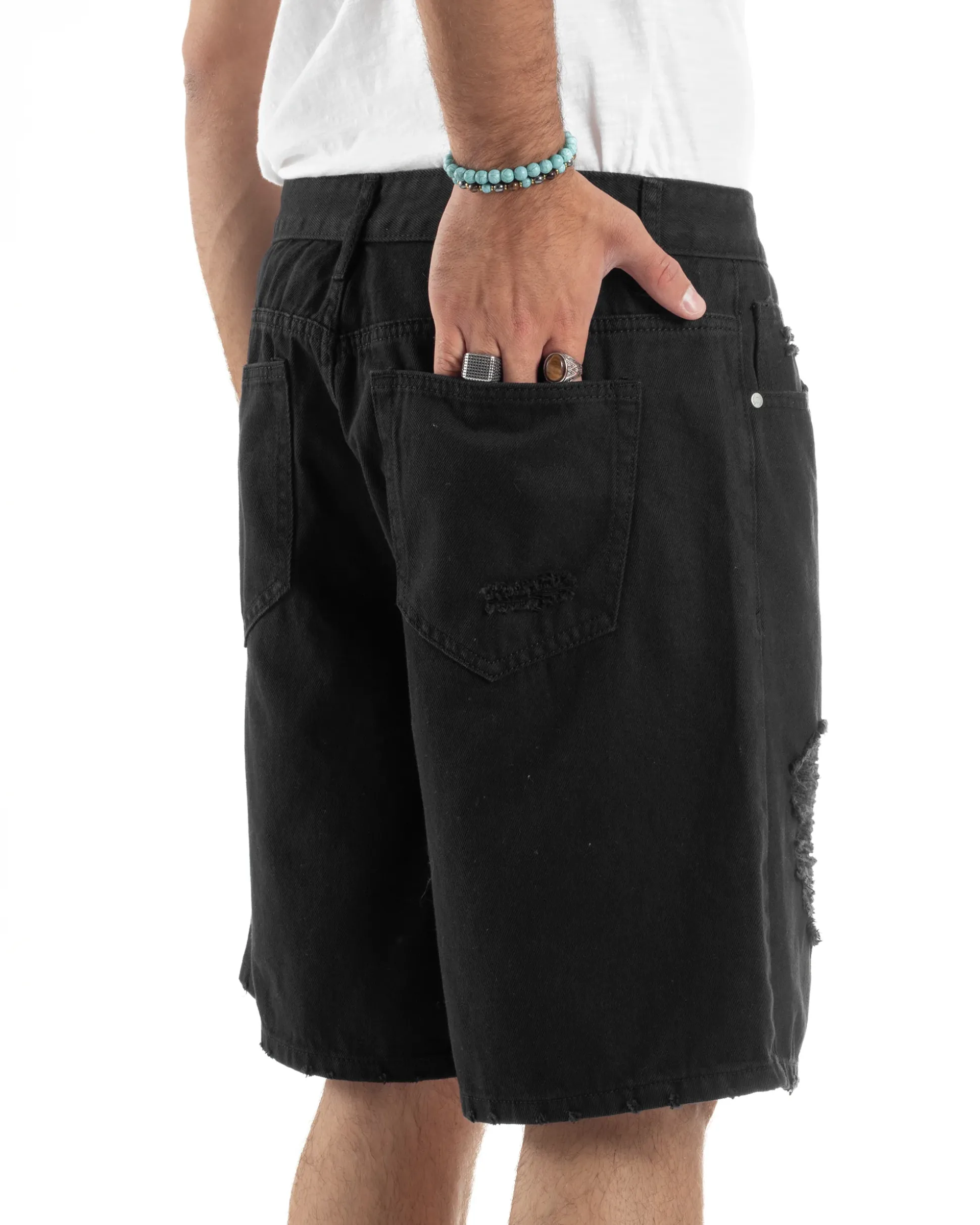 Bermuda Uomo Cotone Pantaloni Jeans Rotture Nero PC1991A