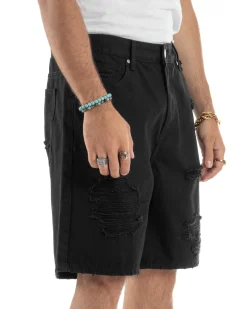Bermuda Uomo Cotone Pantaloni Jeans Rotture Nero PC1991A