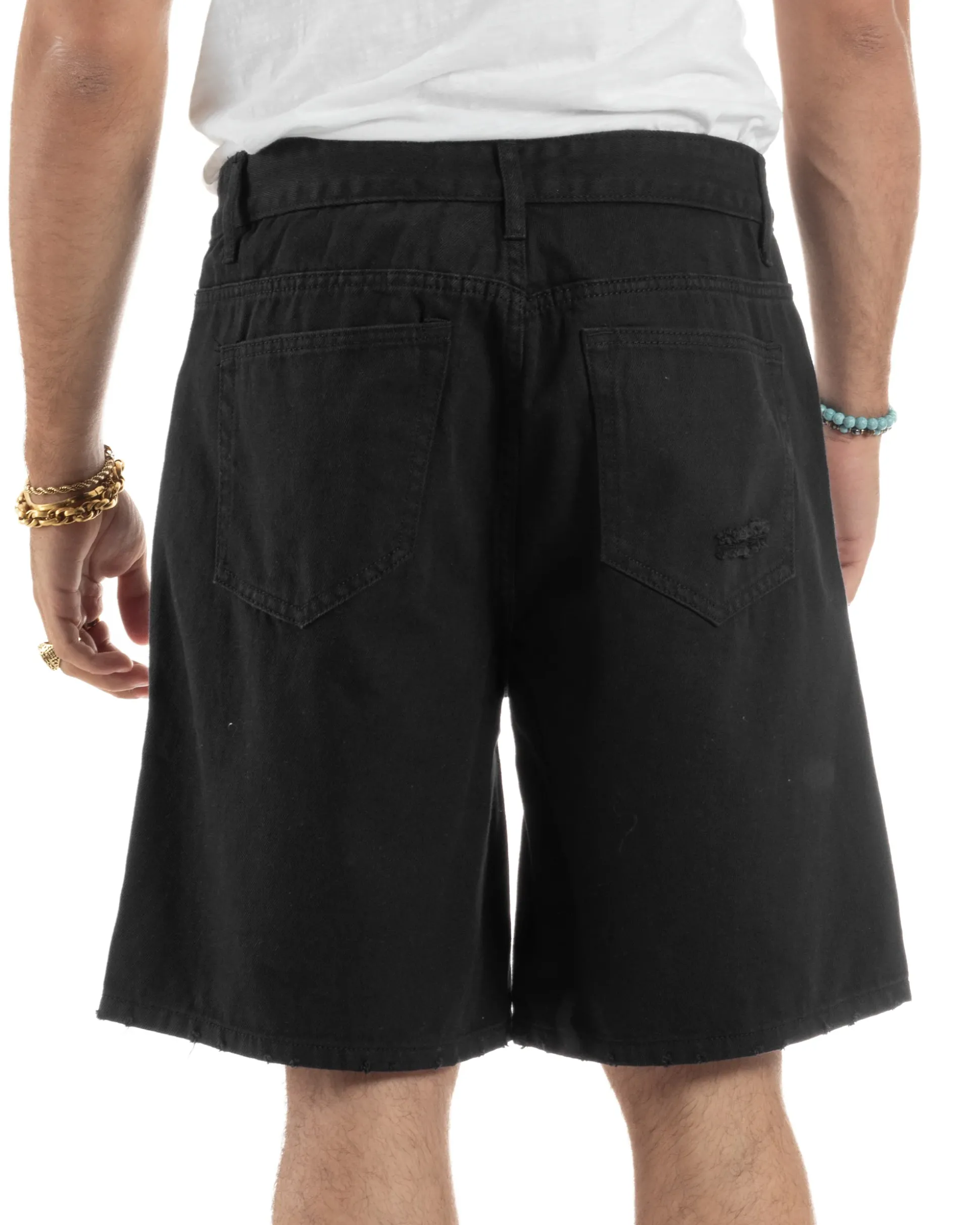 Bermuda Uomo Cotone Pantaloni Jeans Rotture Nero PC1991A
