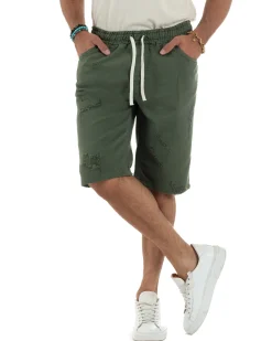 Bermuda uomo cotone pantaloncini coulisse rotture jeans verde GIOSAL-PC2001A