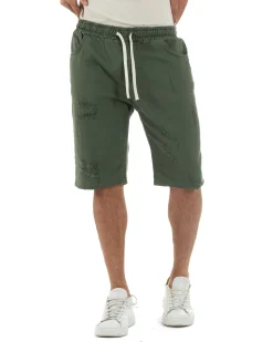 Bermuda uomo cotone pantaloncini coulisse rotture jeans verde GIOSAL-PC2001A