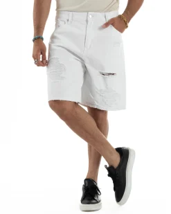 Bermuda Uomo Cotone Pantaloni Jeans Rotture Bianco PC1992A