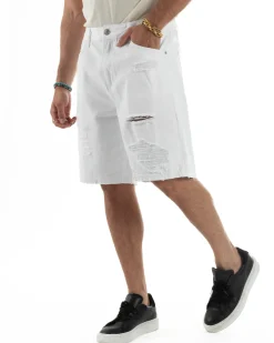 Bermuda Uomo Cotone Pantaloni Jeans Rotture Bianco PC1992A