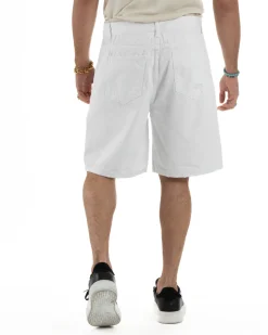 Bermuda Uomo Cotone Pantaloni Jeans Rotture Bianco PC1992A