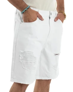 Bermuda Uomo Cotone Pantaloni Jeans Rotture Bianco PC1992A