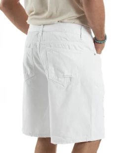 Bermuda Uomo Cotone Pantaloni Jeans Rotture Bianco PC1992A