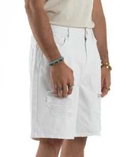 Bermuda Uomo Cotone Pantaloni Jeans Rotture Bianco PC1992A