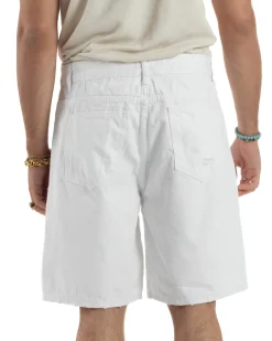 Bermuda Uomo Cotone Pantaloni Jeans Rotture Bianco PC1992A