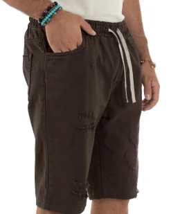 Bermuda uomo cotone pantaloncini coulisse rotture jeans marrone GIOSAL-PC2036A