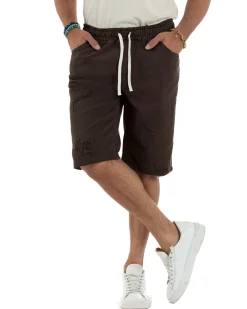 Bermuda uomo cotone pantaloncini coulisse rotture jeans marrone GIOSAL-PC2036A