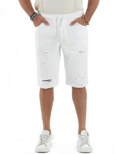 Bermuda uomo cotone pantaloncini coulisse rotture jeans bianco GIOSAL-PC2002A