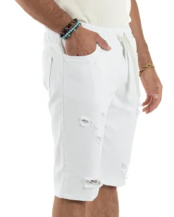 Bermuda uomo cotone pantaloncini coulisse rotture jeans bianco GIOSAL-PC2002A