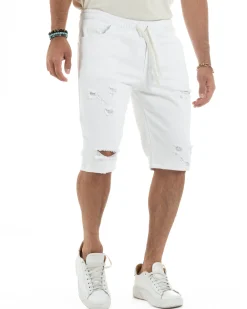 Bermuda uomo cotone pantaloncini coulisse rotture jeans bianco GIOSAL-PC2002A