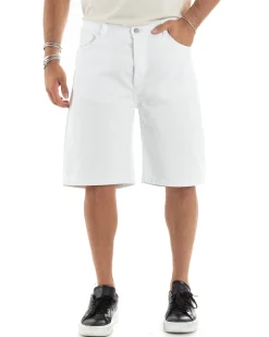 Bermuda Uomo Cotone Pantaloncini Corti Basic Jeans Cinque Tasche Casual Oversize Wide Leg Tinta Unita Denim Bianco GIOSAL-PC1981A