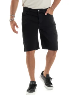 Bermuda Uomo Cotone Pantaloncini Corti Basic Jeans Cinque Tasche Casual Oversize Wide Leg Tinta Unita Denim Nero GIOSAL-PC1980A