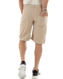 Bermuda Uomo Cotone Pantaloncini Corti Basic Jeans Cinque Tasche Casual Oversize Wide Leg Tinta Unita Denim Beige GIOSAL-PC1979A