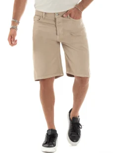 Bermuda Uomo Cotone Pantaloncini Corti Basic Jeans Cinque Tasche Casual Oversize Wide Leg Tinta Unita Denim Beige GIOSAL-PC1979A