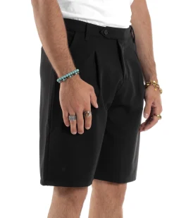 Bermuda Uomo Viscosa Abbottonatura Allungata Nero PC1994A