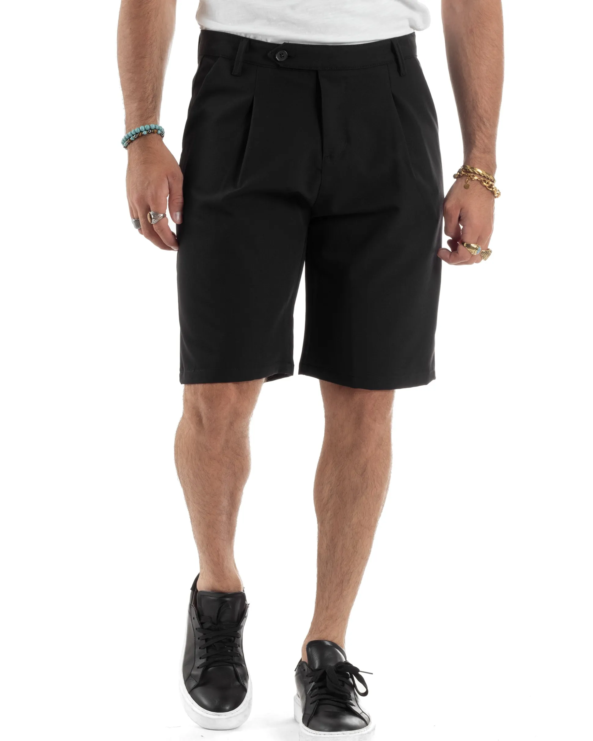 Bermuda Uomo Viscosa Abbottonatura Allungata Nero PC1994A