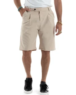 Bermuda Uomo Viscosa Abbottonatura Allungata Beige PC1993A