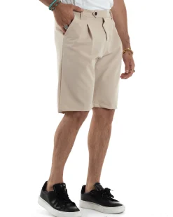 Bermuda Uomo Viscosa Abbottonatura Allungata Beige PC1993A